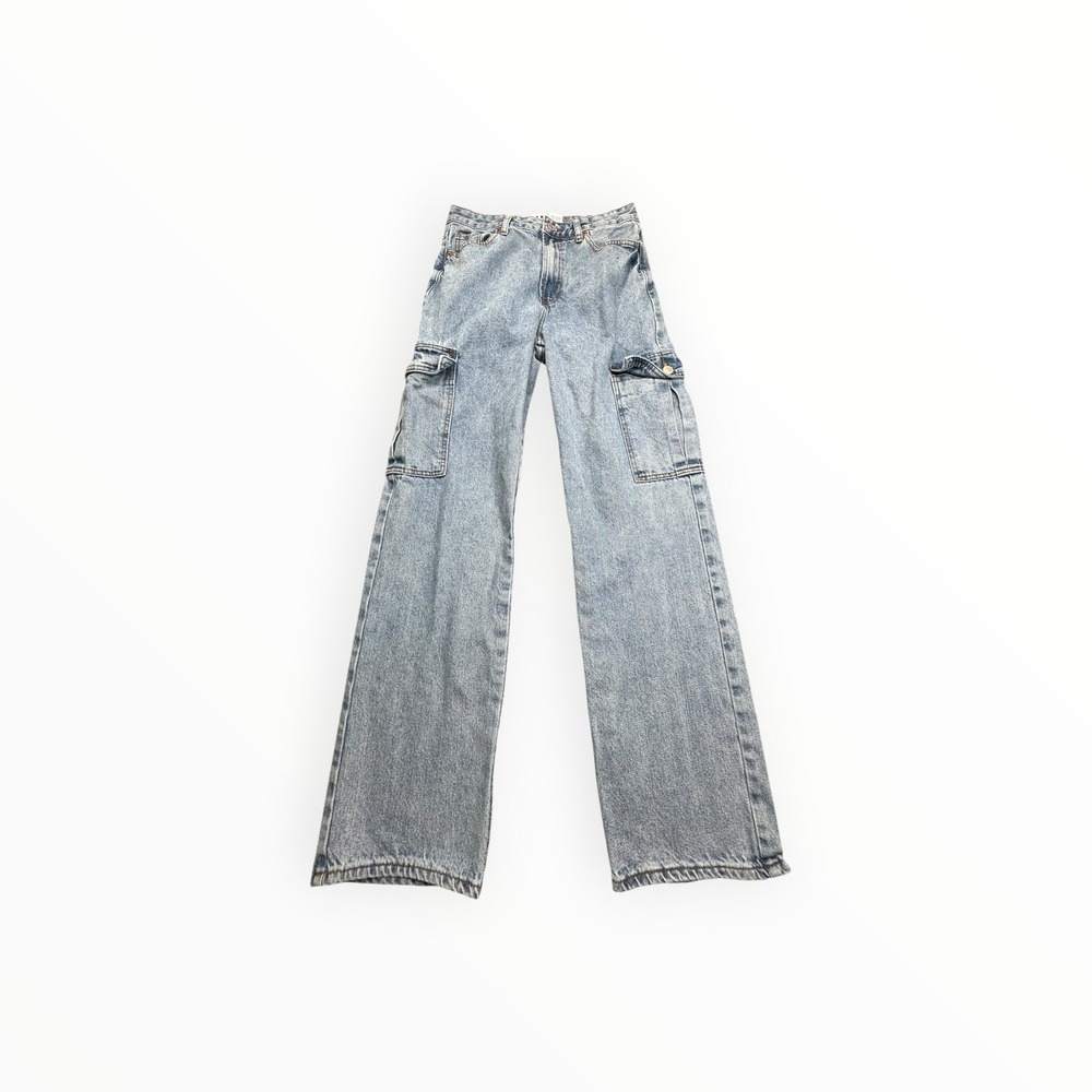 S.O.N.G. Cargo Jeans Womens 7/28 Blue Wide Leg High Rise Utility‎ Denim Pants